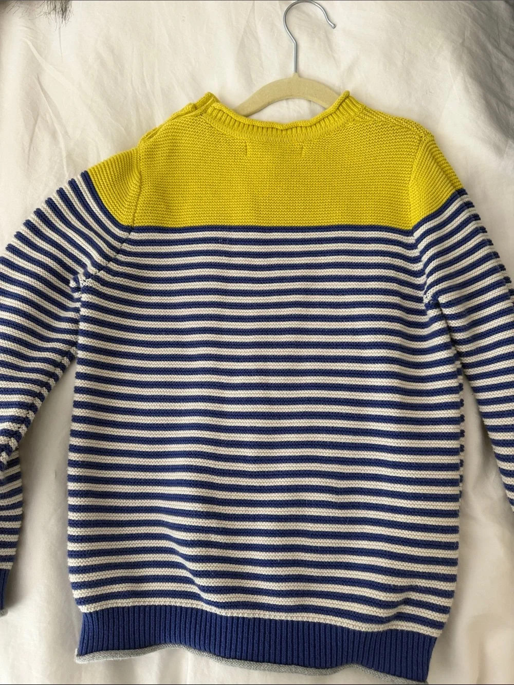 Mini Boden Yellow and Navy Striped Knit Sweater with Button Shoulder